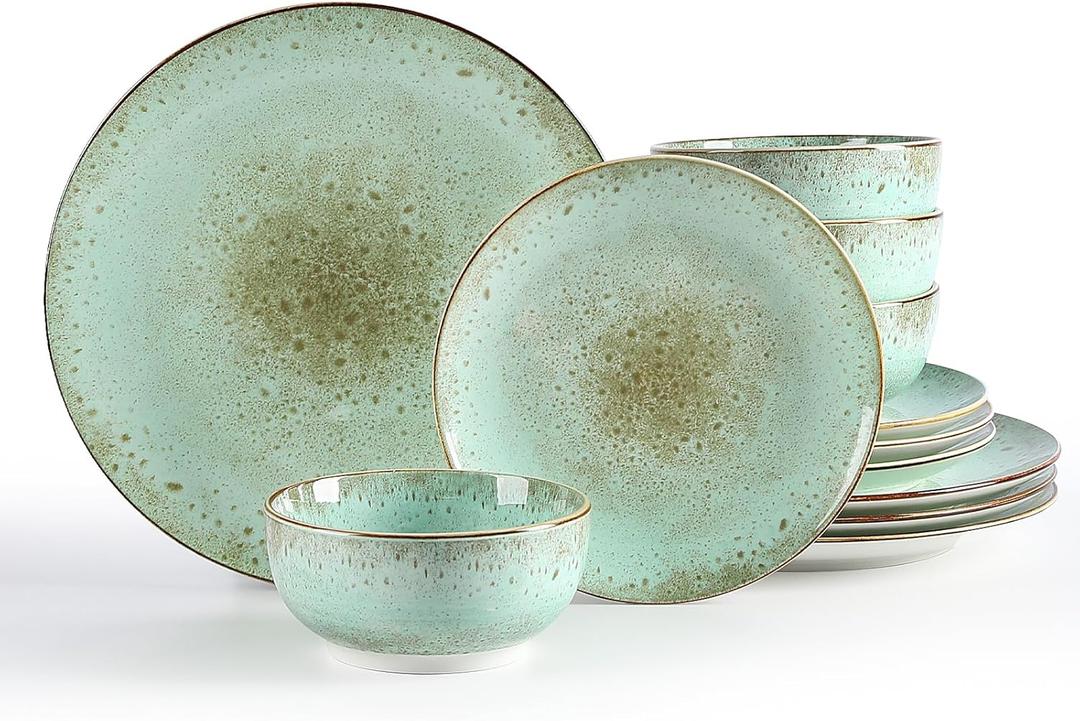 Sweejar Dinnerware Sets Service for 4, 12 pcs Porcelain Plates and Bowls for Kitchen, Housewaring Gift, Chip and Scratch Resistant Dish Set, Handmade Dishwasher and Microwave Safe Plate Set, Green