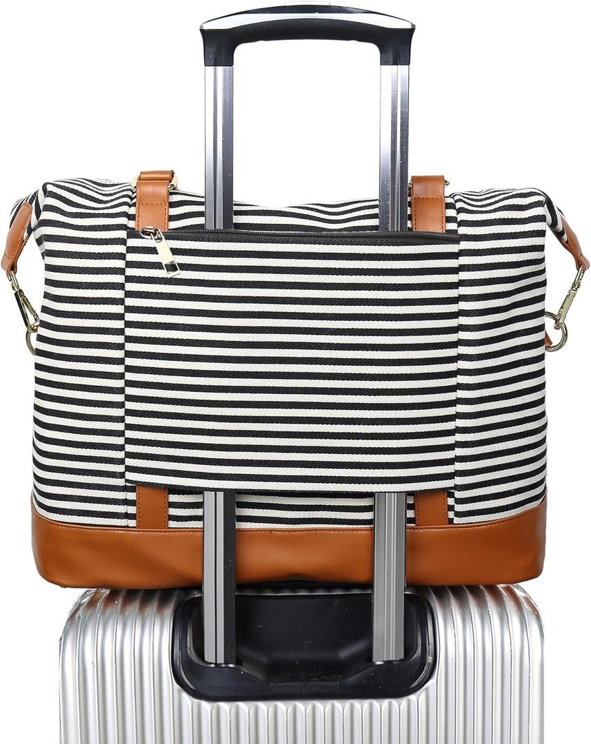 BLUBOON Travel Tote Bags with Zipper Ladies Canvas Bag Weekender Overnight Bag for Women Carry on Duffel Bag Trolley Sleeve (Blackstripe)