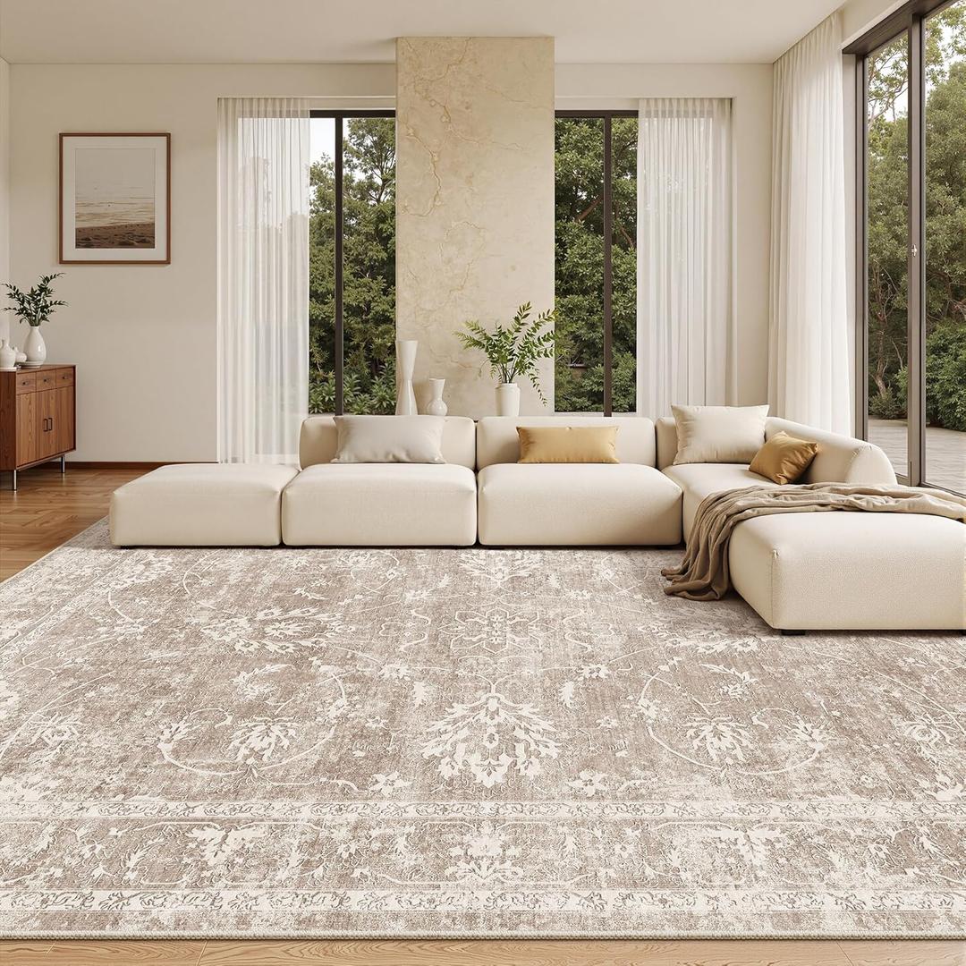 Madane Living Room 10x14 Area Rugs, Washable Low Pile Non-Slip Stain Resistant Extra Large Thin Rug, Vintage Soft Throw Carpet for Dining Room Bedroom Farmhouse Home Office Decor (10 x 14, Brown/Sand)