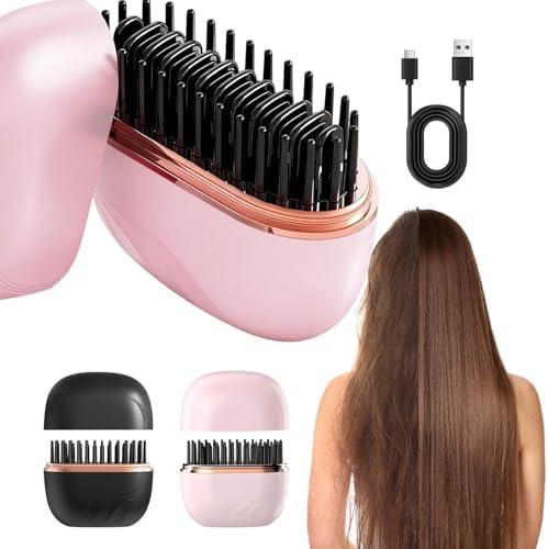 GlamBrushs Mini Hair Straightener, Rechargeable Wireless Portable Hair Straightener Brush, 3-Speed Temperature Control, Anti Scald Shell, Suitable for Home Travel (Pink)