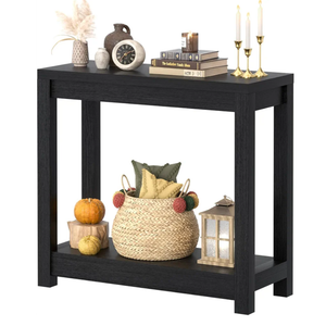 Small Farmhouse Wood Entryway Table Narrow Console Table with Storage Behind Couch Sofa Table with Shelves Entry Way Table with Open Storage, Easy Assembly, 32" Embossed Wood Grain Black