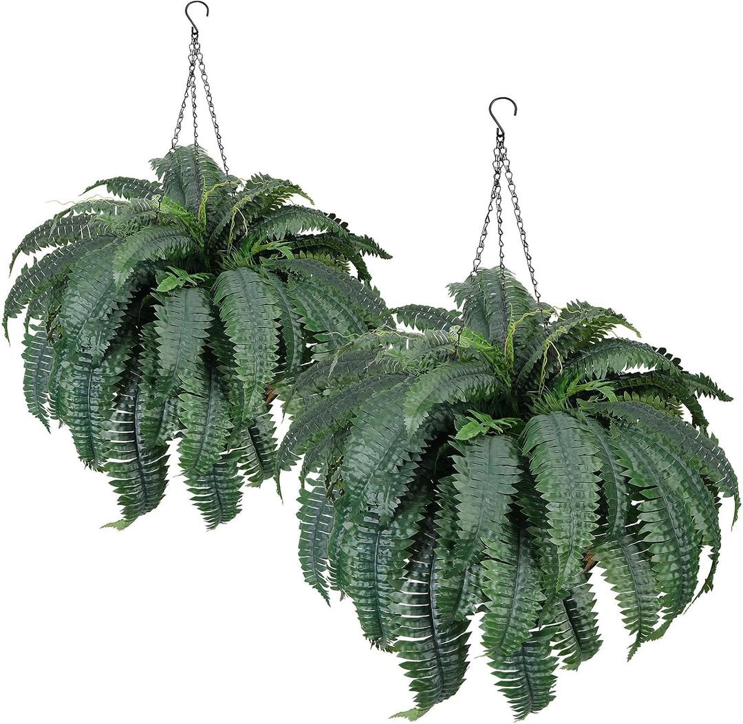 Set of 2 Faux Ferns 72 Fronds, 48" Large Fake Plants Boston Ferns with Hanging Basket UV Resistant Artificial Greenery Plant Outdoor for Front Porch Living Room Garden Decor