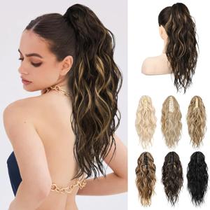 LONAI Ponytail Extension, 18" Wavy Claw Clip Ponytail Extensions Shoulder Length Curly Wavy Claw Clip in Ponytail Hair Extensions Synthetic Fake Pony tails Hairpieces-Brown with Blonde Highlights
