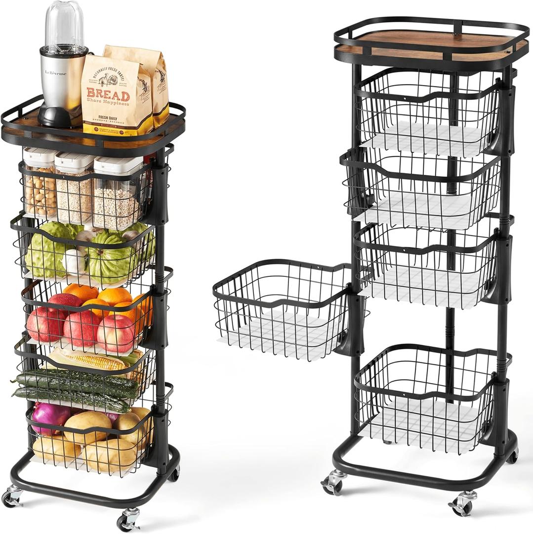 5 Tier Kitchen Fruit Vegetable Storage Cart with One-Piece Rotating Basket, Pantry Organizer Shelf Rack Floor Stand for Veggie Onion Potato Produce Spice, Rolling Snack Cart on Wheels, Black