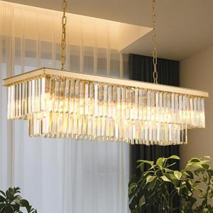 Gold Rectangular Chandelier 40 Inch-10-Light Luxury Crystal Pendant Lighting for Dining Room, Kitchen Island & Bar-Adjustable Height, Flush Mount Ceiling Fixture,Premium Lighting Fixture(Gold, L-40)