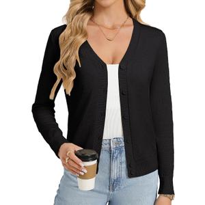 GRACE KARIN Womens Lightweight Cardigan Sweaters Trendy Button Up V-Neck Knit Cardigans Shrug Spring Fashion Clothes (Black, L)