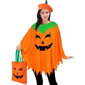 3 PCS Pumpkin Costume for Women Adults, Poncho With Beret and Candy Bag, Halloween Costume