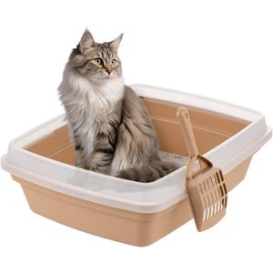IRIS USA Cat Litter Box, Open Top with Scoop, Easy Clean Plastic Pan for Indoor Cats & Kittens, Beige (Small)