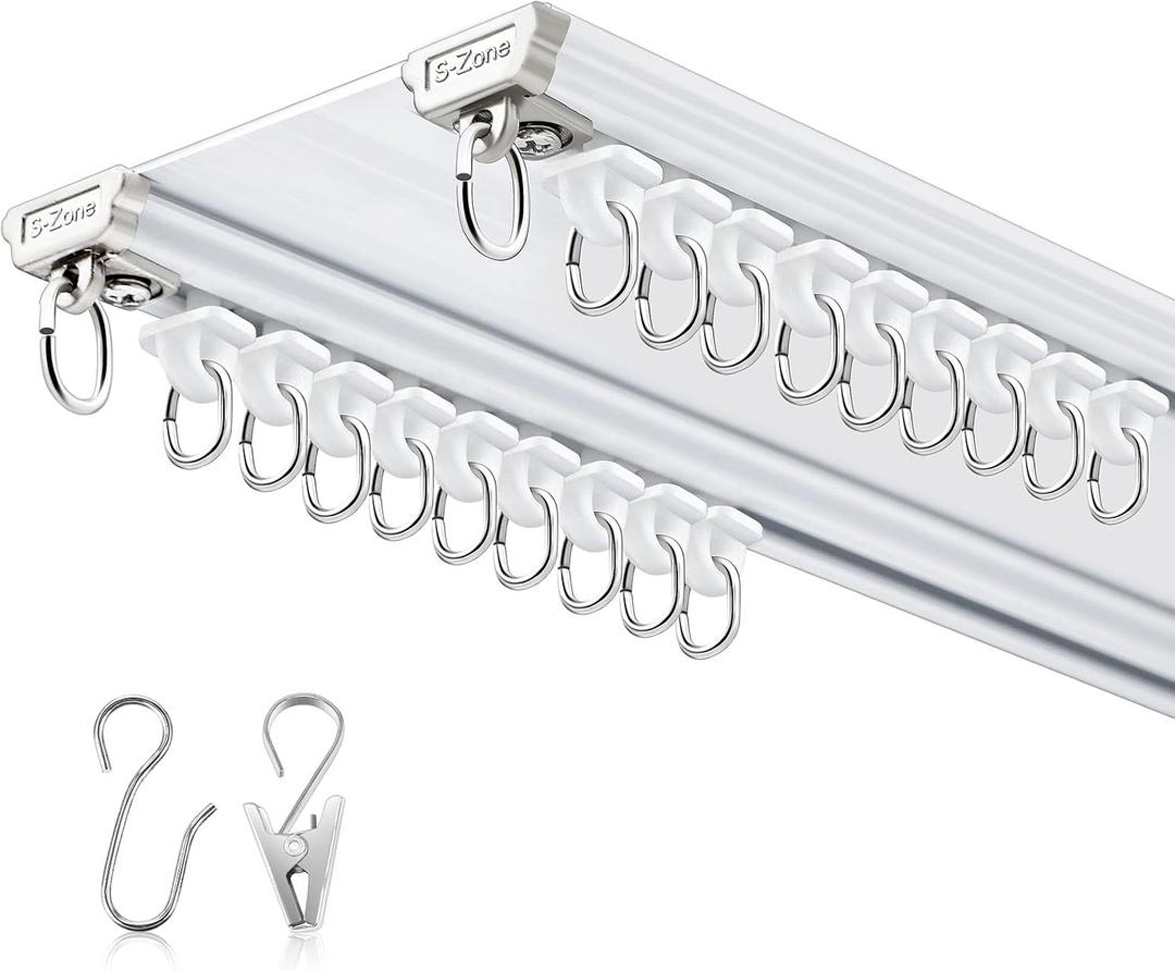 Juexica Ceiling Curtain Double Track Set 3ft-10ft/3 Meter White Double Curtain Track Ceiling Mount Heavy Duty Room Divider Adjustable Length Rails with Clips Hooks End Hook