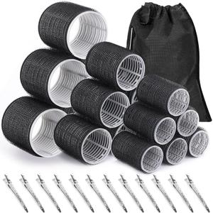 Rollers Hair Curlers 30Pcs Set with 3 Sizes (6 Large, 6 Medium, 6 Small) and 12 Clips, Storage Bag for Long, Medium, Short Hair Volume (Black)