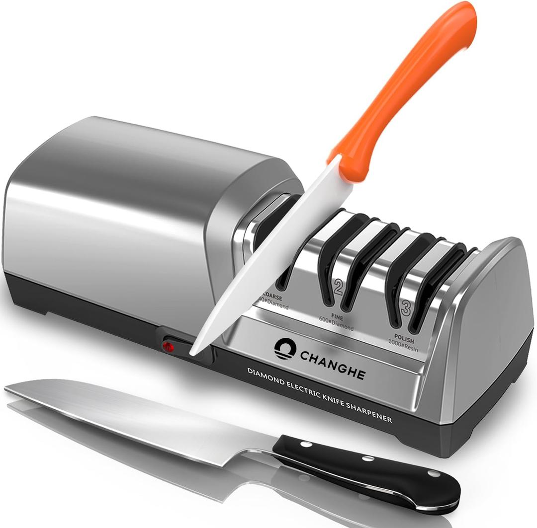 Electric Knife Sharpener 3 Stage - 100% Diamond Abrasives with 15°Precision Angle Guide, for Sharpening and Polishing Steel Kitchen Knives and Ceramic Knives, 240 Grit and 600 Grit and 1000 Grit ROYSHA