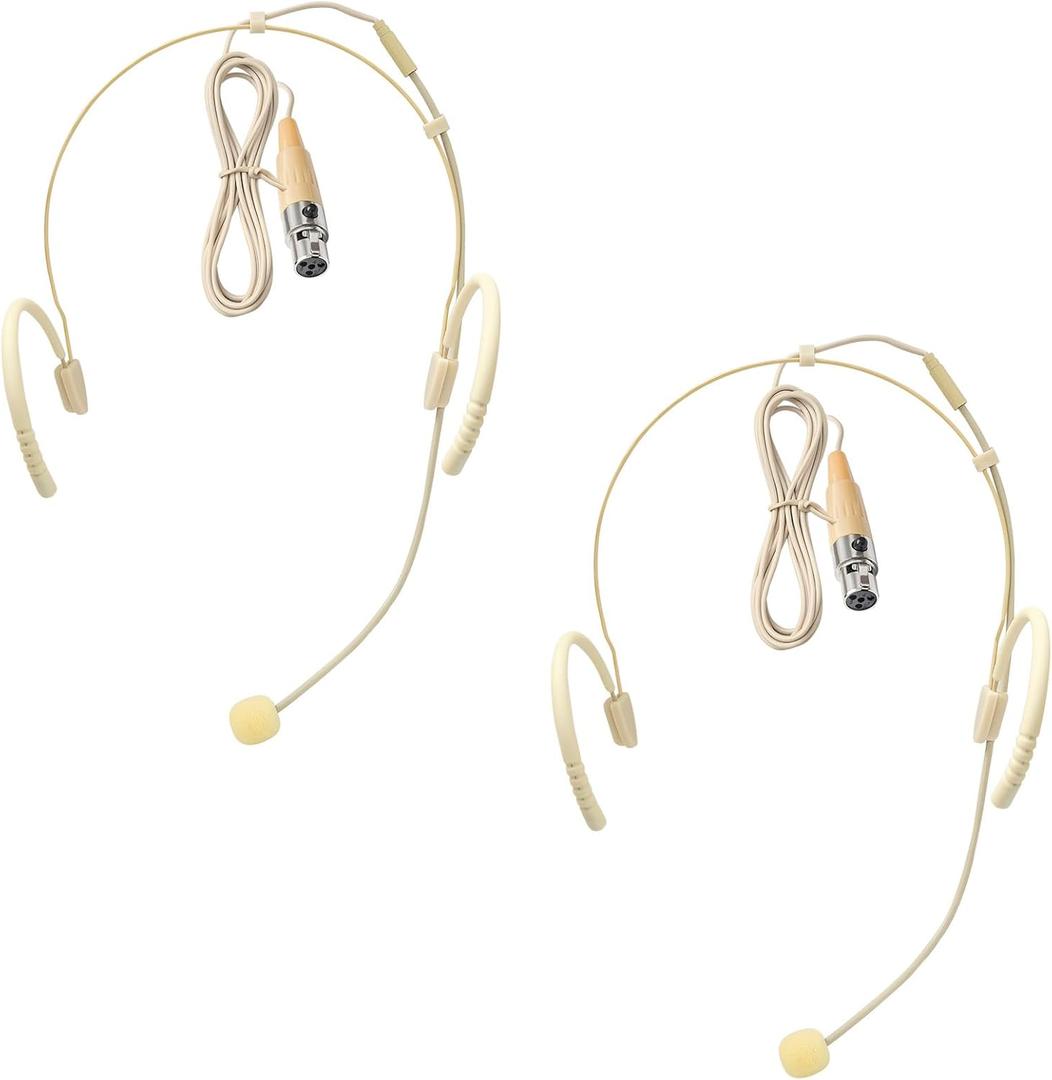 2 Pack Professional Headset/Headworn Microphone Omni-Directional Hanging Condenser Over-Ear TA4F Mini XLR Mic for Shure Hands-Free Microphone with Windscreen,Beige Low Profile Light-Weight