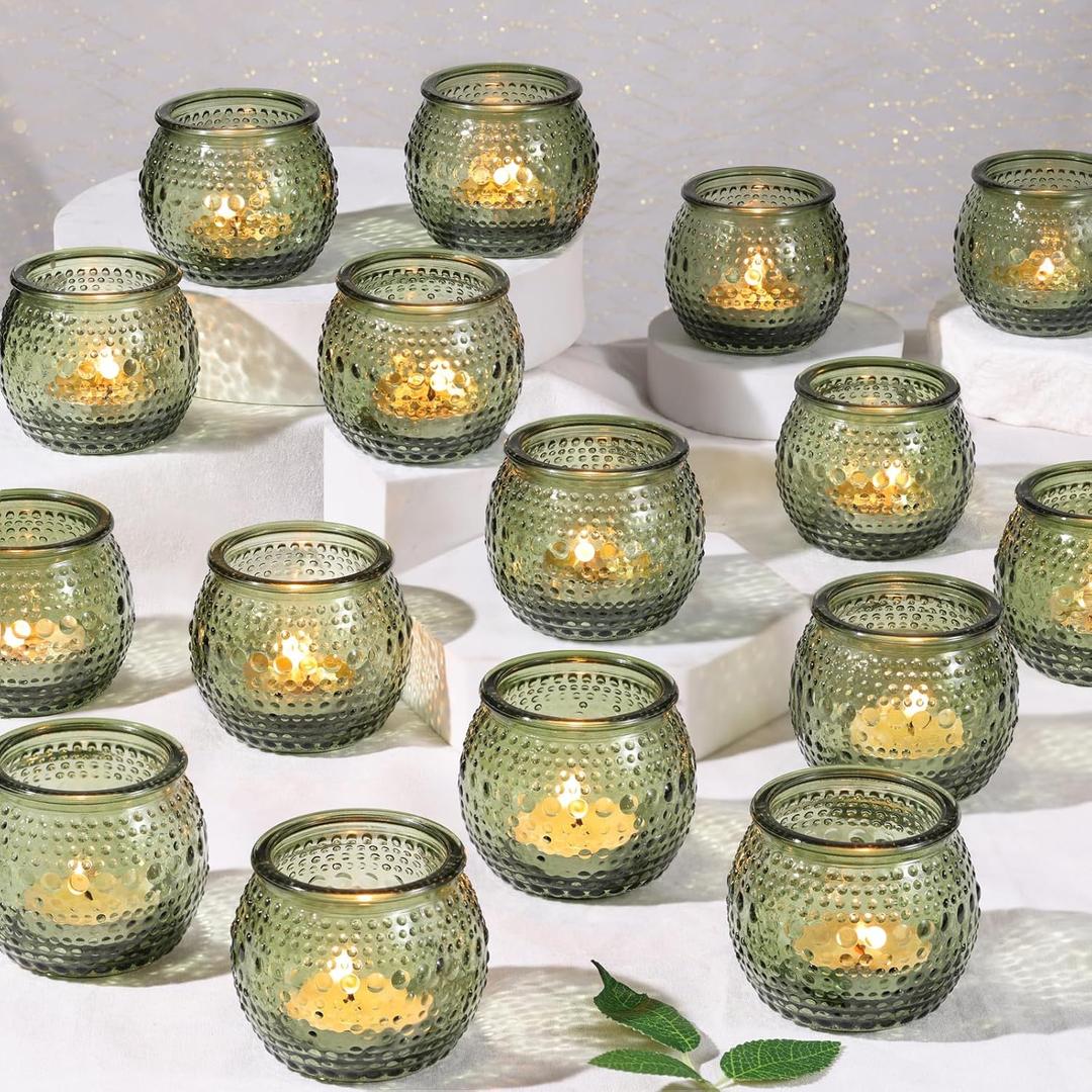 40 Pcs Green Votive Candle Holders, Round Glass Tea Lights Holder with Polka Dot Embossed, Vintage Candle Holder for Weddings, Home Decor, Baby Shower, Special Occasions