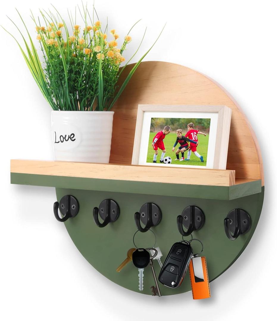 Key and Mail Holder for Wall Decorative, Wooden Boho Key Hanger with Shelf, Unique Two-Tone Circular Design Entryway Key Rack - Brown & Green