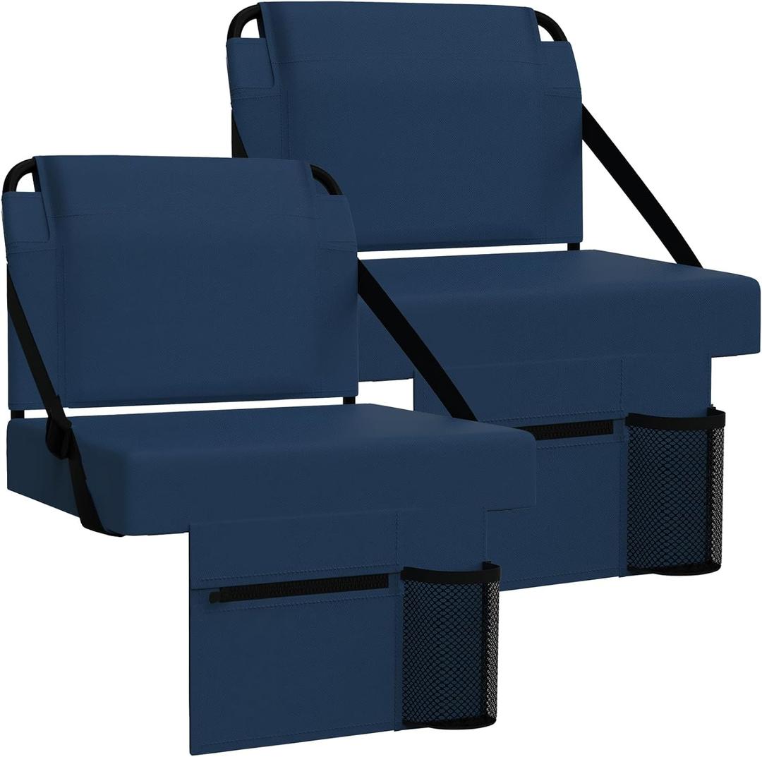 2pcs Stadium Seat for Bleachers with Back SupportPortable Bleacher Chairs with Back and CushionIncludes Shoulder Strap and Cup Holder (Navy,2 Pack)