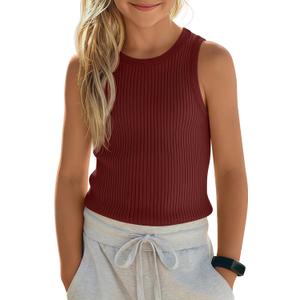 Girls Ribbed Tank Tops Kids Summer Crew Neck Slim Fit Sleeveless Tops Casual Basic Undershirts Vest for 5-14 Years