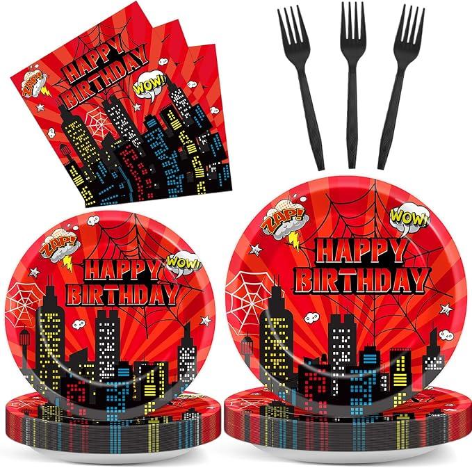 Spider Birthday Party Decoration, Super Theme Hero Birthday Party Set - Spider Fans Disposable Dinnerware Set for Kid Hero Cityscape Birthday Baby Shower Table Party Decoration