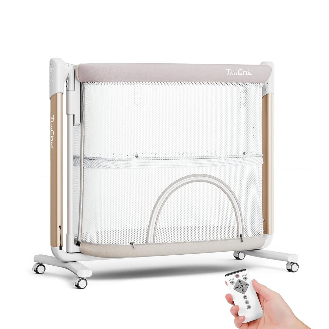 TimChic Electric Baby Bassinet, 7 Height Adjustable Rocking Bassinet for Baby, Auto Infant Crib with Timer, 12 Preset Melodies, Wheels, Smart Rocking Crib for Newborns, Beige