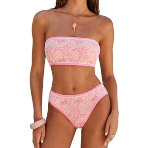 ZAFUL Bikini Set for Women Strapless Textured Bandeau Bikini Two Piece Swimsuit Lace up Bathing Suits (Pink, M)