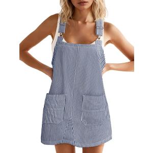 Yousify Womens Casual Denim Dress Summer Striped Overalls Romper Adjustable Straps Sleeveless Jean Dresses with Pockets (Blue, Large)