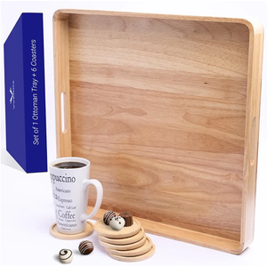 Wooden Ottoman Tray for Living Room – Large 19" Square Serving Tray with Handles & 6 Coasters Set, Ideal for Coffee Table, Couch, Kitchen, Breakfast, Food, Drinks & Home Decor