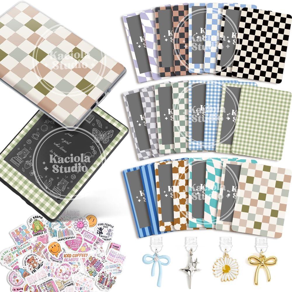 24PCS Cool Color Skin Set for E-Reader, and 4PCS Type C Charms/50PCS Scrapbook Stickers for Clear Case, 6.9"x4.8" Skin Front and Back Decal for Paper White 11th (Cool)