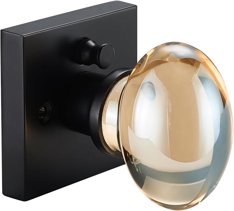 Champagne Gold Glass Door Knobs, Premium Privacy Crystal Door Handles with Lock, Square Rosette Matte Black Finished (Privacy)