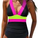 popvil One Piece Swimsuit Women 2025 Tummy Control Neon Color Block Bathing Suit Deep Vneck Tie Back Swim Suits Beach, Black Pink, X-Large