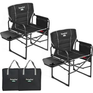 SUNNYFEEL Camping Directors Chair, Heavy Duty,Oversized Portable Folding Chair with Side Table, Pocket for Beach, Fishing,Trip,Picnic,Lawn,Concert Outdoor Foldable Camp Chairs (Padded Black-2set)