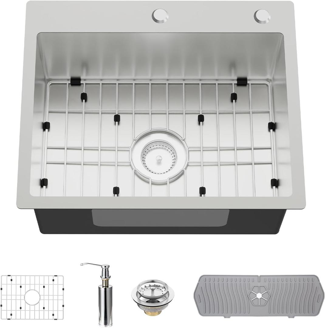 Stainless Steel Drop In Kitchen And Bar Sink - 22x18 Inch Single Bowl Topmount Bar Sink Come With SS Grid,Silicon Mat,Drain Strainer Set