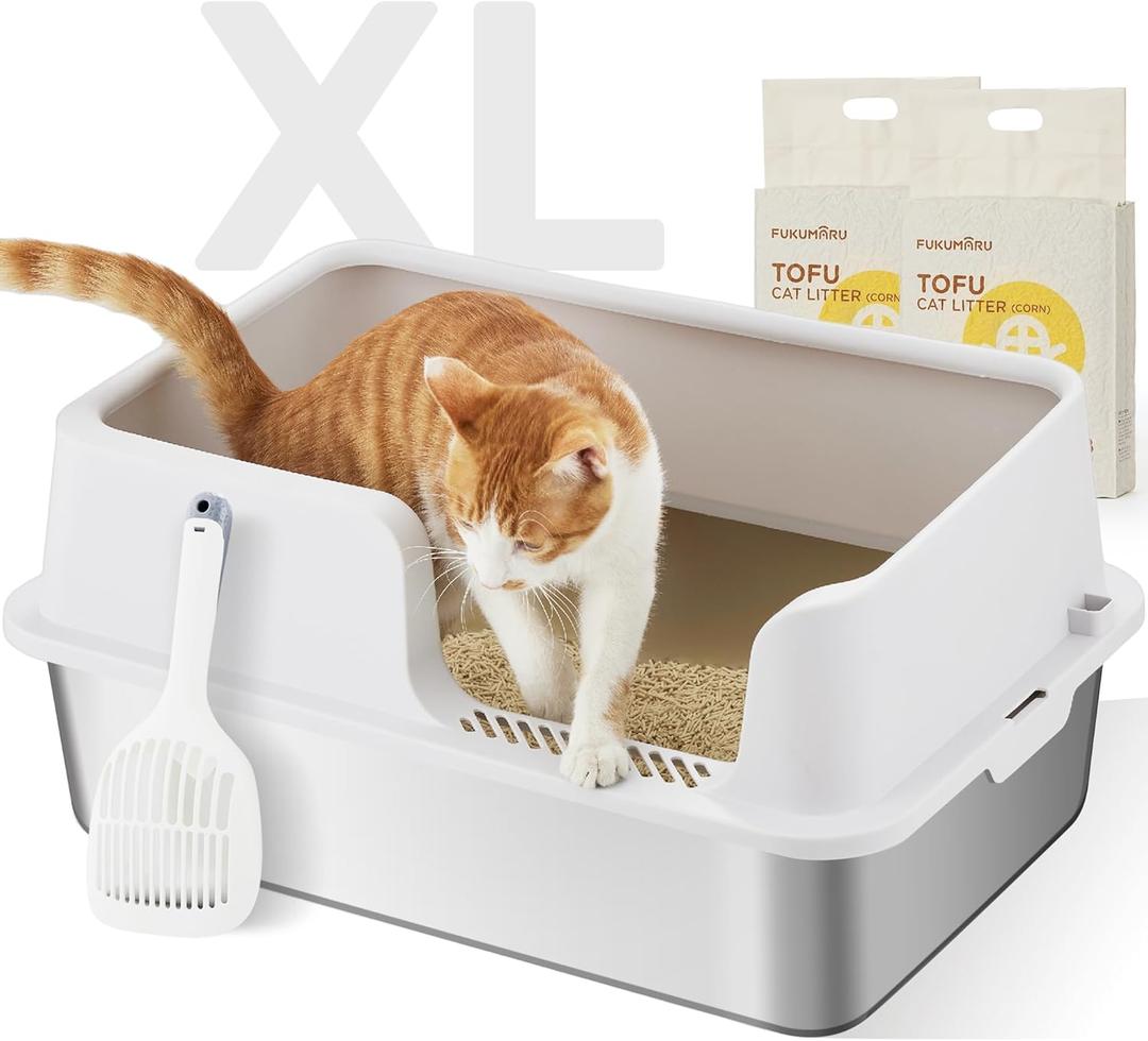 FUKUMARU Stainless Steel Litter Box with Lid, Extra Large Metal Cat Litter Box with Two Bags Litter, High Side Enclosed Litter Tray for Big Cats, Non-Sticky, Easy Cleaning, XL, Includes Litter&Scoop (Light Grey)