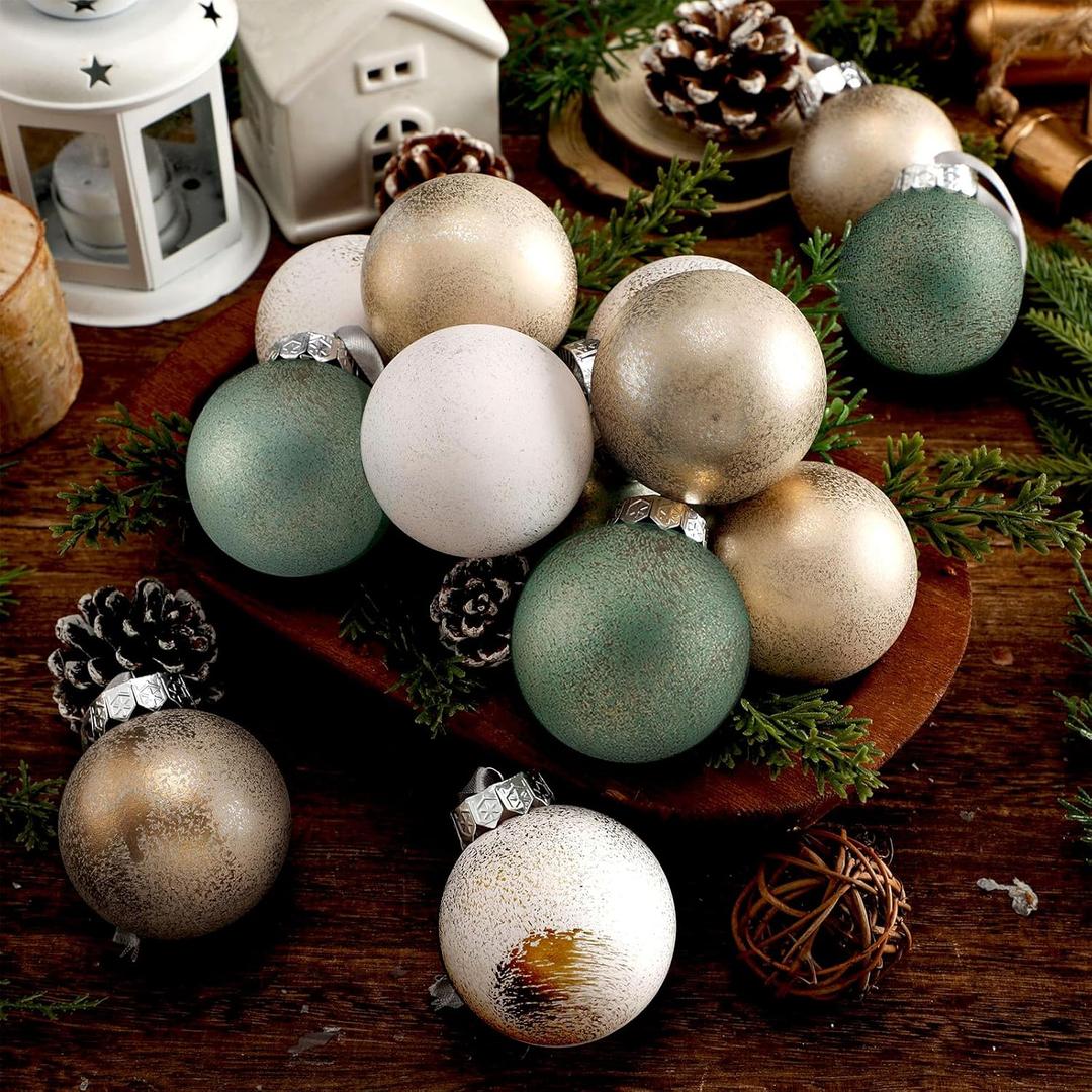 Yunlly 24 Pcs Textured Christmas Ball Ornaments 2.36'' Neutral Christmas Tree Decor Modern Vintage Brown Hanging Decor Shatterproof Home Ornaments for Rustic Large Farmhouse (Sage Green)