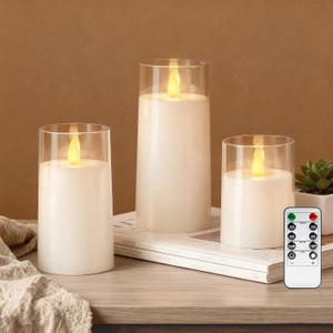 Raycare Flameless Electronic Pillar Candles with Remote Control and Timer- Battery Operated Realistic Flickering LED Fake Candle for Home, Wedding, Valentine's Day Decor, White,Set of 3(3"x4"5" 6")