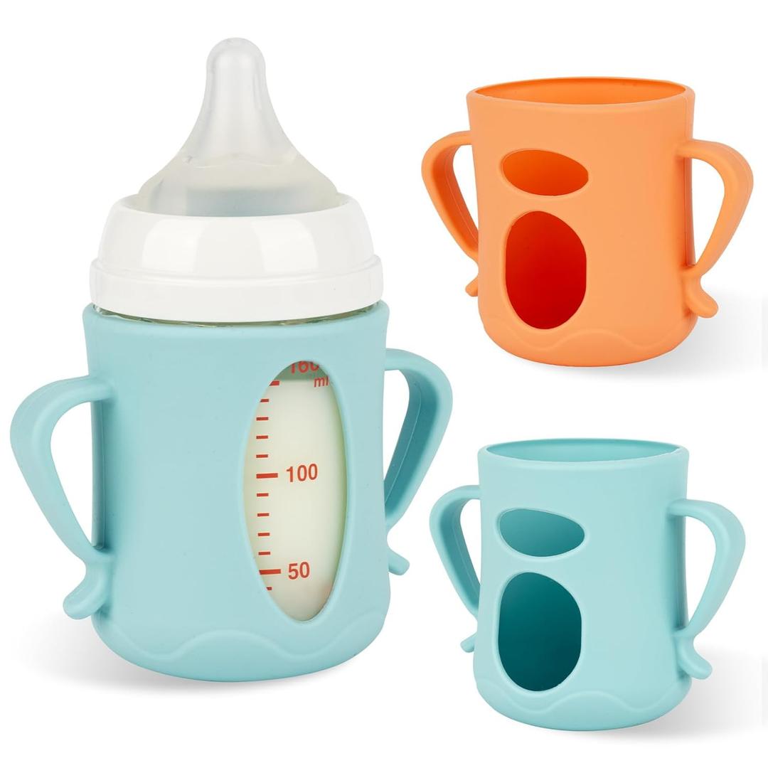 Silicone Sleeves for Pigeon Baby Bottles 5.4oz,Anti Breakage Glass Baby Bottle Holder with Handles 2 Pack Blue And Orange