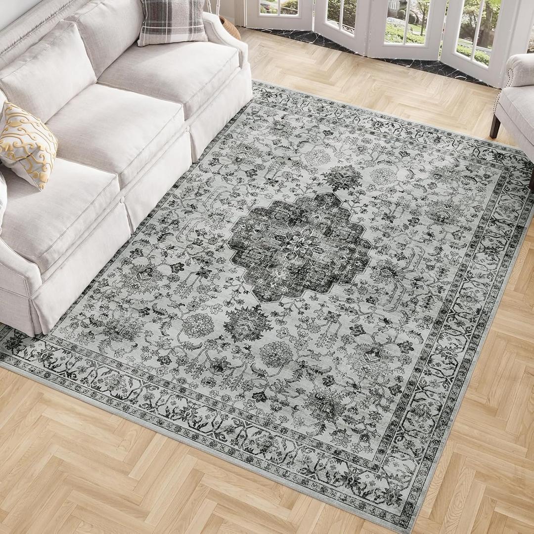 5ft x 7ft Area Rugs, Machine Washable Non Slip Distressed Boho Rugs, Area Rug for Living Room, No Pile Lightweight Vintage Rug, Soft Accent Carpet for Dining Room, Bedroom, Grey