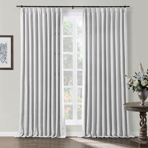  Grey White Pinch Pleated Room Darkening Curtain 102 Inches Long, Solid Thermal Insulated Memory Shaped Window Drapes for Bedroom,2 Panels
