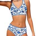 KANGKANG Girls Swimsuit Bikini Set Solid Color V-Neck Two Piece Bathing Suit with Chest Pad Adjustable Straps Swimwear (15-16 Years, Royal Blue Floral)