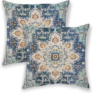 BETGINY Boho Pillow Covers 24x24, Blue and Teal Ethnic Design Outdoor Decorative Throw Pillows for Couch, Carpet Pattern Decor Cushion Cover 2 Pcs Farmhouse Linen Pillowcase for Bed Car Safa