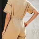 Dokotoo Womens 2025 Summer Casual Button Up Short Sleeve Drawstring Waist Shorts Jumpsuits Striped Rompers with Pockets (Brown, L)