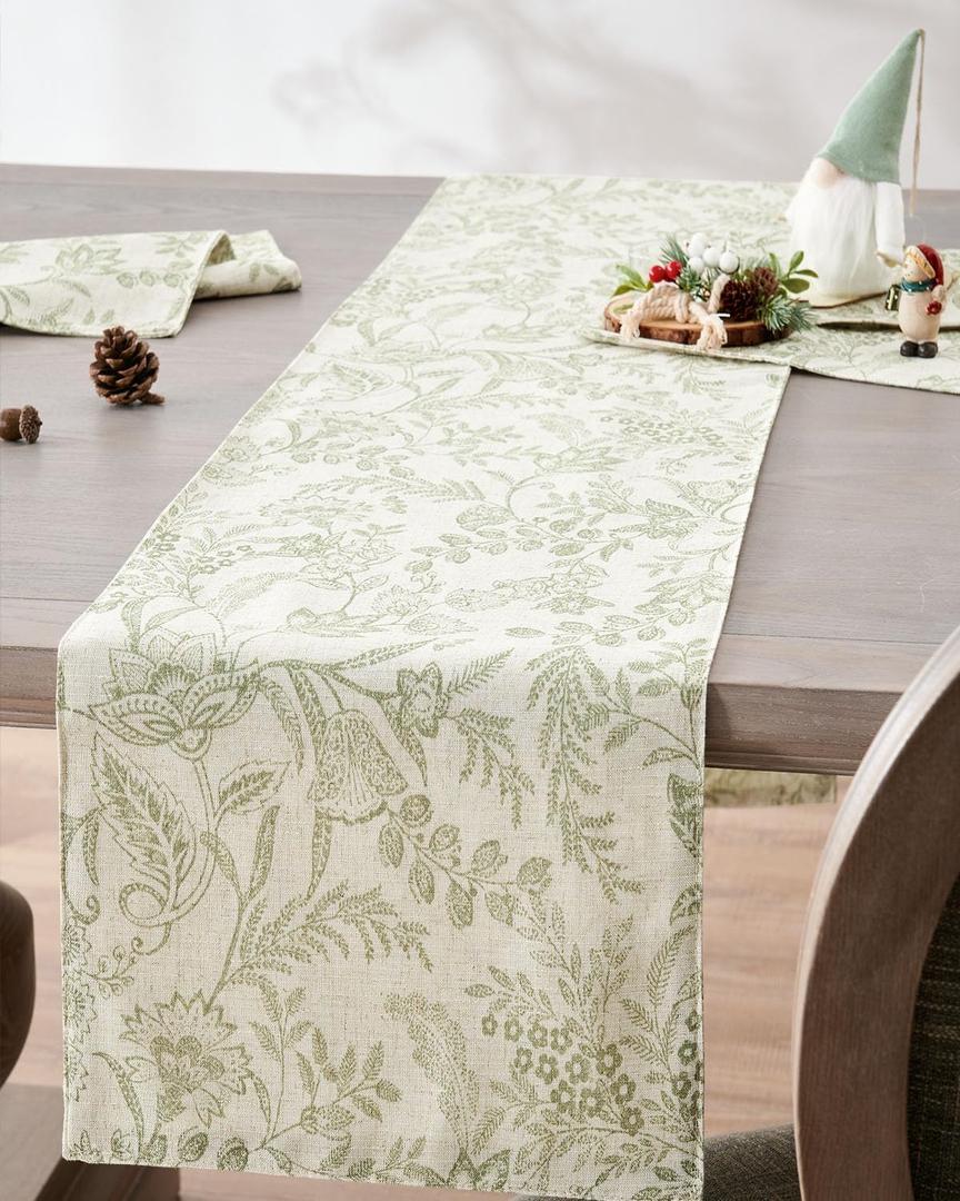 jinchan Spring Table Runner Linen Farmhouse Table Cloth Green Floral Decorative 72 Inch Botanic Printed Burlap Handcrafted Flax Coffee Table Decor 1 Panel Sage Green on Beige