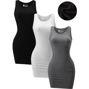 3 Pack Summer Dresses for Women 2025 Ribbed Tank Dress Scoop Neck Sleeveless Sundress Basic Bodycon Mini Dress (Small, Black/White/Gray1)