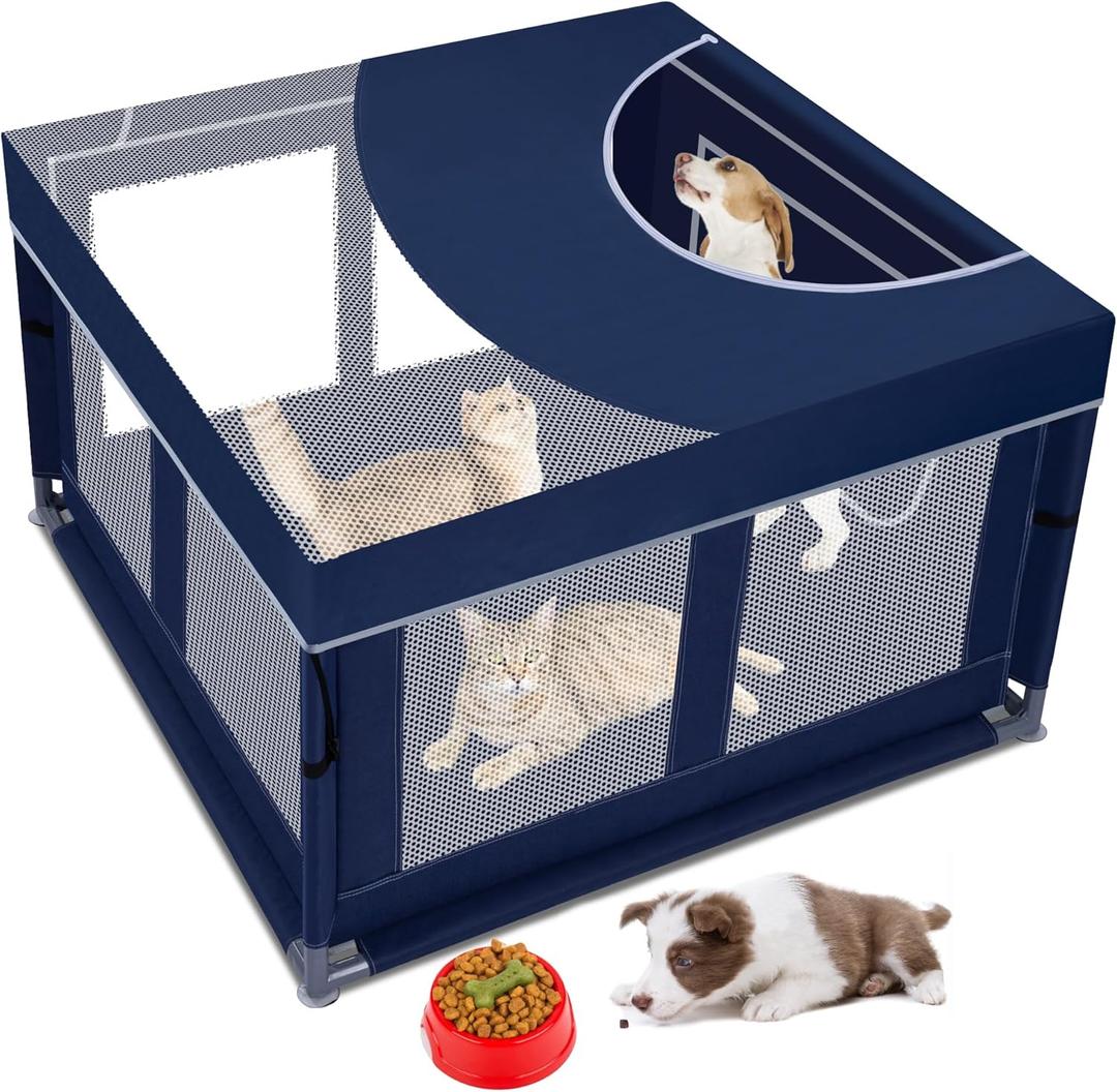 Dog Kitten Playpen with Play Pen Cover for Cat Indoor, 42x42 x25.5 Puppy Playpen for Small Pet with See-Through Topper Proof Enclosed Door Dog Pen, Sturdy Warm Protable Play Pen for Cat (Royal Blue)