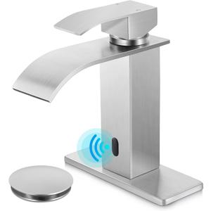 Herogo Touchless Bathroom Sink Faucet, Automatic Sensor Brushed Nickel Waterfall Stainless Steel Bathroom Faucet with Brass Pop Up Drain for Vanity RV Lavatory Farmhouse