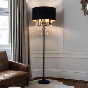 Wellmet Black Crystal Drum Shade Floor Lamp, 6 Light Black Gold Shade, Candle Base, for Living Room, Bedroom, Reading Room, Hallway, Corridor, Black