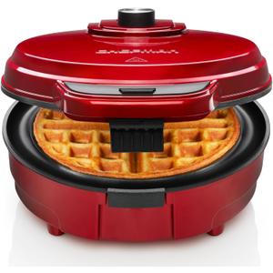 Chefman Anti-Overflow Belgian Waffle Maker w/Shade Selector, Temperature Control Mess Free Moat, Round Iron w/Nonstick Plates & Cool Touch Handle, Measuring Cup Included, Red