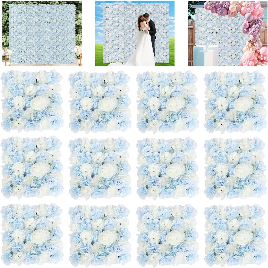 FUHSY 3D Flower Wall Backdrop 12 Packs 15x15 Inch Blue Artificial Flower Wall Decor Flower Panels Floral Backdrop for Anniversary Bridal Baby Shower Party Rose Wedding Photo Background