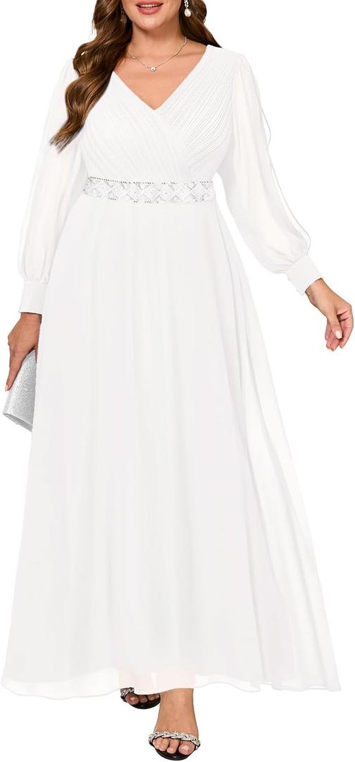 Pinup Fashion Women Plus Size Formal Dresses - Evening Gown Long Sleeve Chiffon Beading Maxi Dress (White) 16W