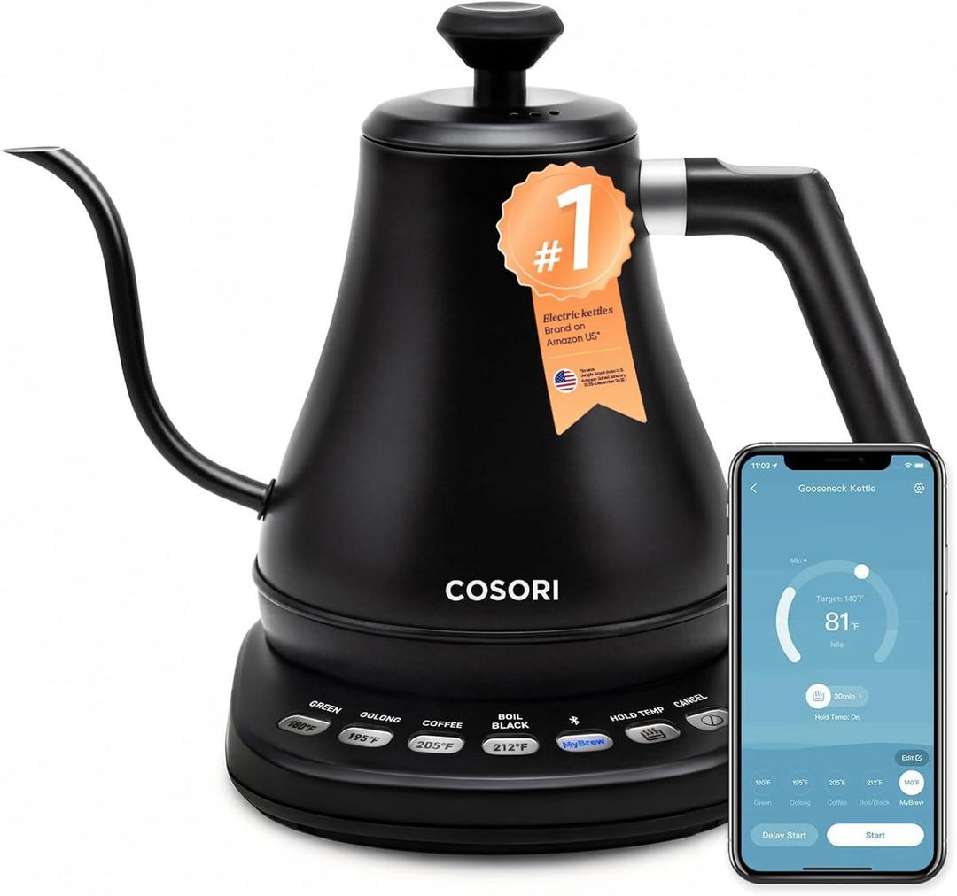 Cosori Electric Gooseneck Kettle Smart Bluetooth with Variable Temperature Control, Pour Over Coffee & Tea, 100% Stainless Steel Inner Lid & Bottom, Quick Heating, Matte Black (0.8 Quarts)