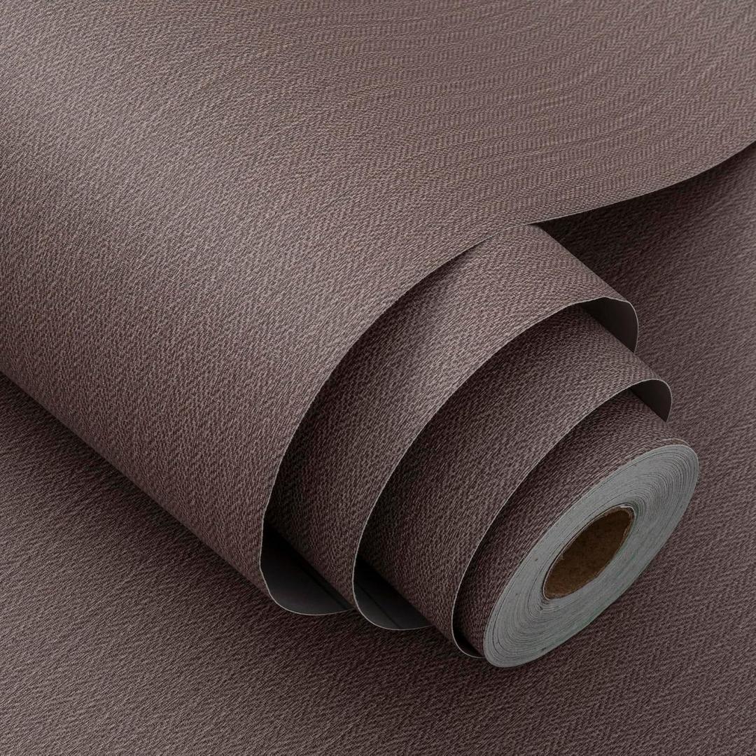 Haimin Fabric Wallpaper Textured Contact Paper (24in X 393in) Peel and Stick Faux Linen Wall Paper Self-Adhesive Vinyl Wallpaper Herringbone Look (Brown)