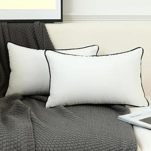 LIGICKY Set of 2 White Velvet Lumbar Pillow Covers Modern Minimalist Style Solid Decorative Black Rope Edging Soft Rectangle Cushion Cases for Sofa Bedroom Party Décor, 12 x 24 inch